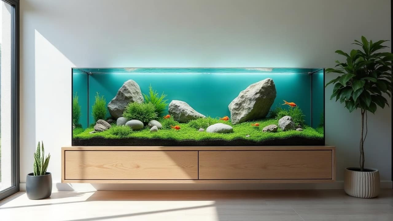 Très grand aquarium panoramique encastré dans le mur d'un séjour contemporain à double hauteur, eau cristalline, roches imposantes et bancs de poissons