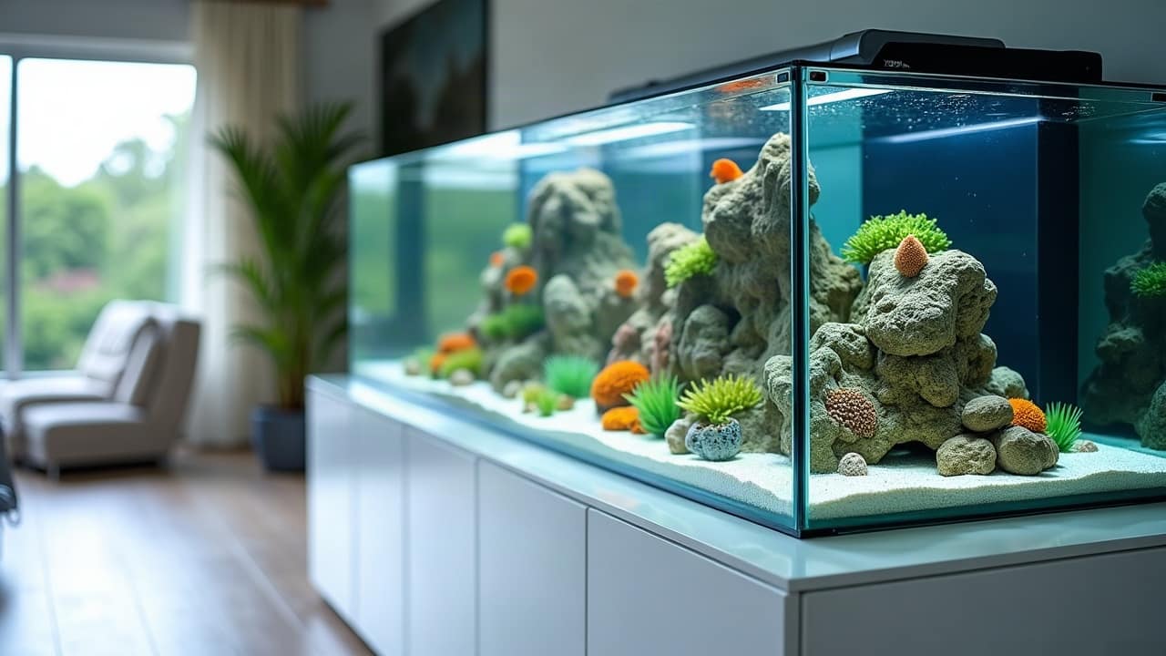 Aquarium d'environ un mètre cinquante sur un meuble laqué blanc dans une pièce à vivre claire, plantes vertes luxuriantes, racine sculptée et banc de néons