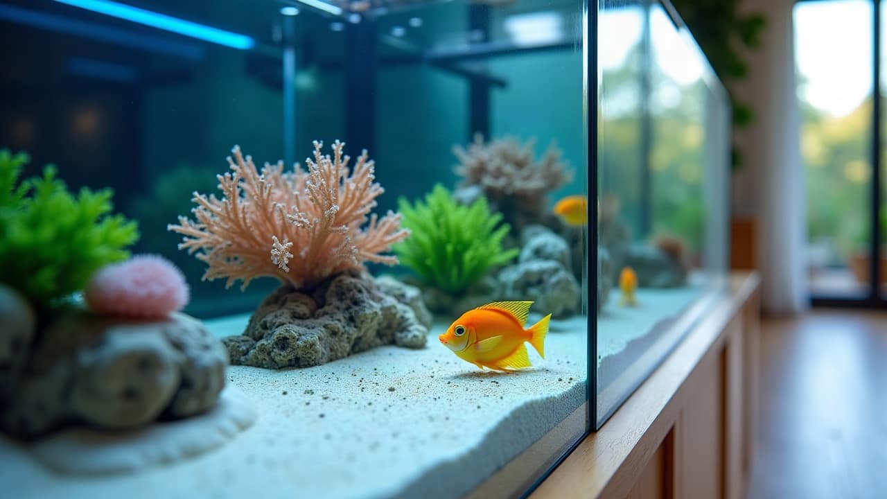 Aquarium aux angles arrondis en acrylique parfaitement transparent dans un intérieur contemporain, poissons tropicaux colorés et plantes, reflets doux sur la paroi