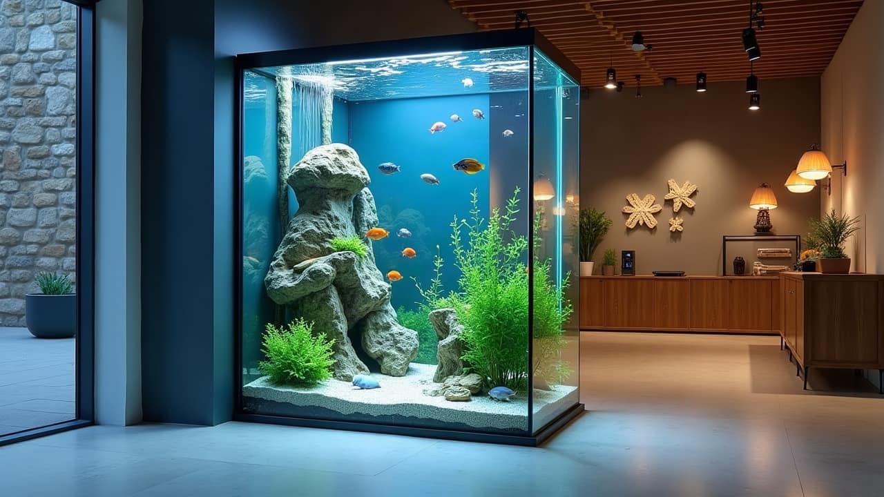 Grand aquarium cylindrique en colonne transparente dans le hall lumineux d'une boutique moderne, eau limpide, roches claires et poissons colorés en bonne santé