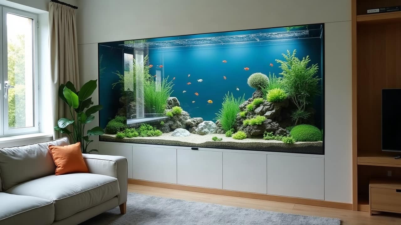 Aquarium d'angle à pan coupé dans un coin de salon moderne, vitres extra-claires, plantes aquatiques denses, racine centrale et banc de poissons rouges