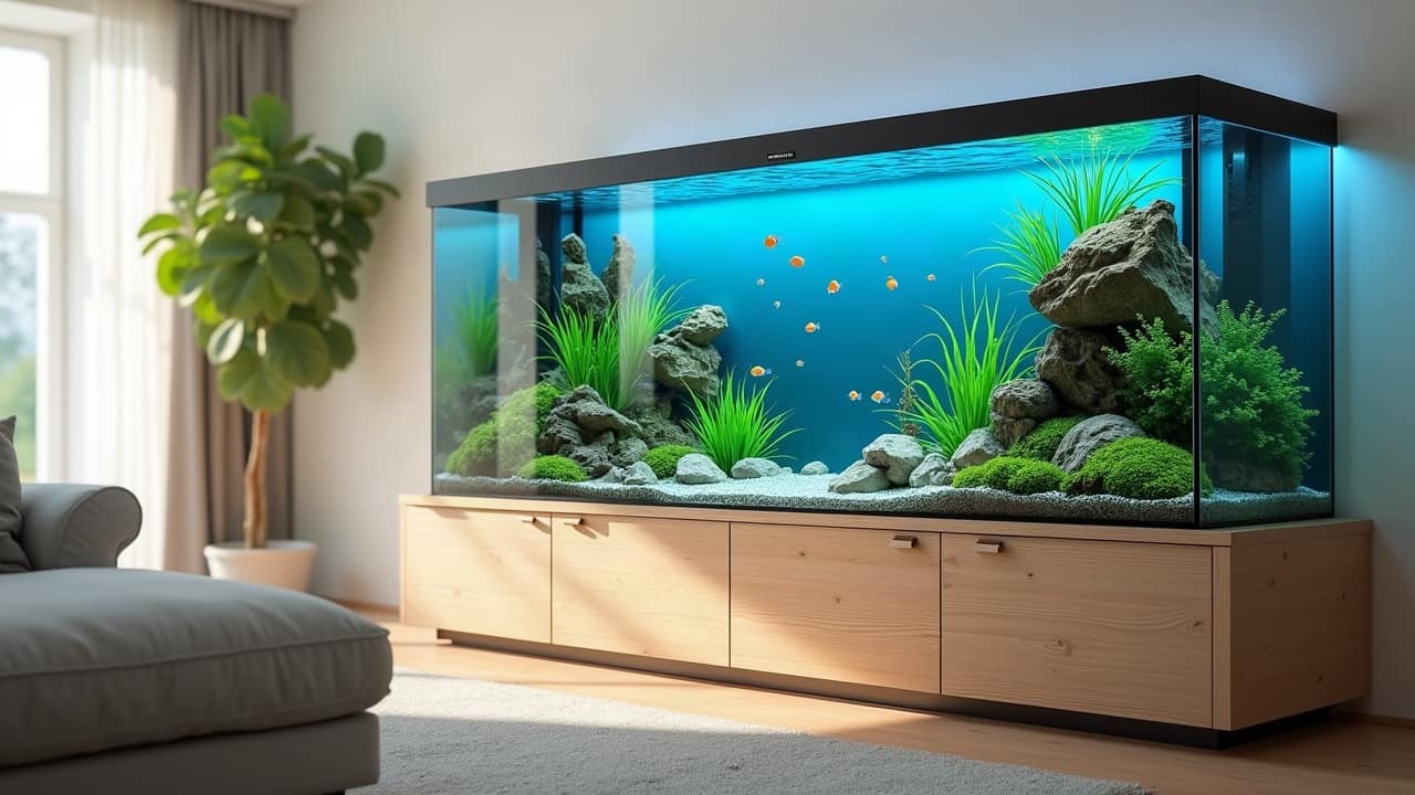 Aquarium sans cadre aux vitres extra-claires sur un meuble minimaliste en chêne, appartement contemporain lumineux, plantes vertes en tapis et petites roches