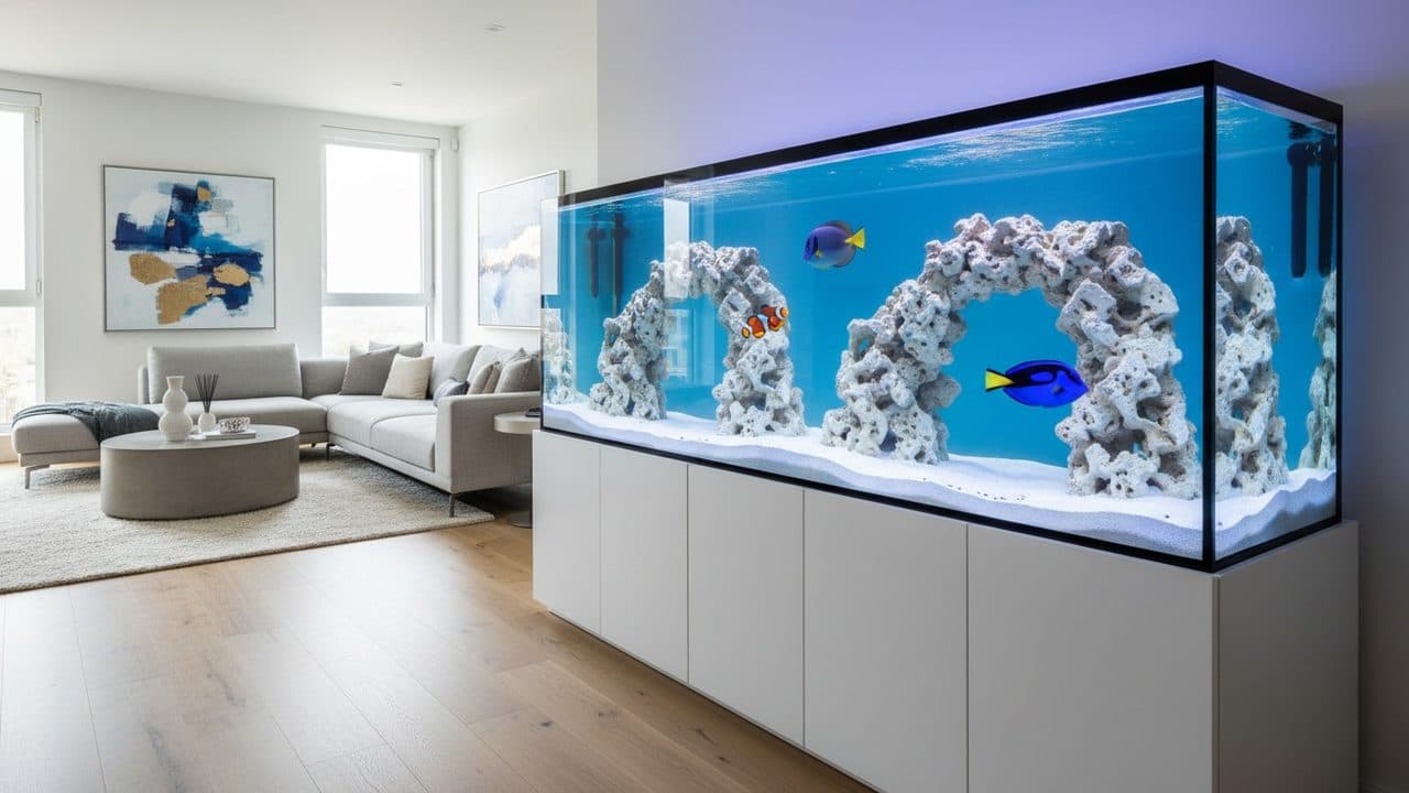 Long aquarium d'eau de mer sur un meuble blanc de salon moderne : arches de roche claire, sable blanc, chirurgien bleu et poisson-clown