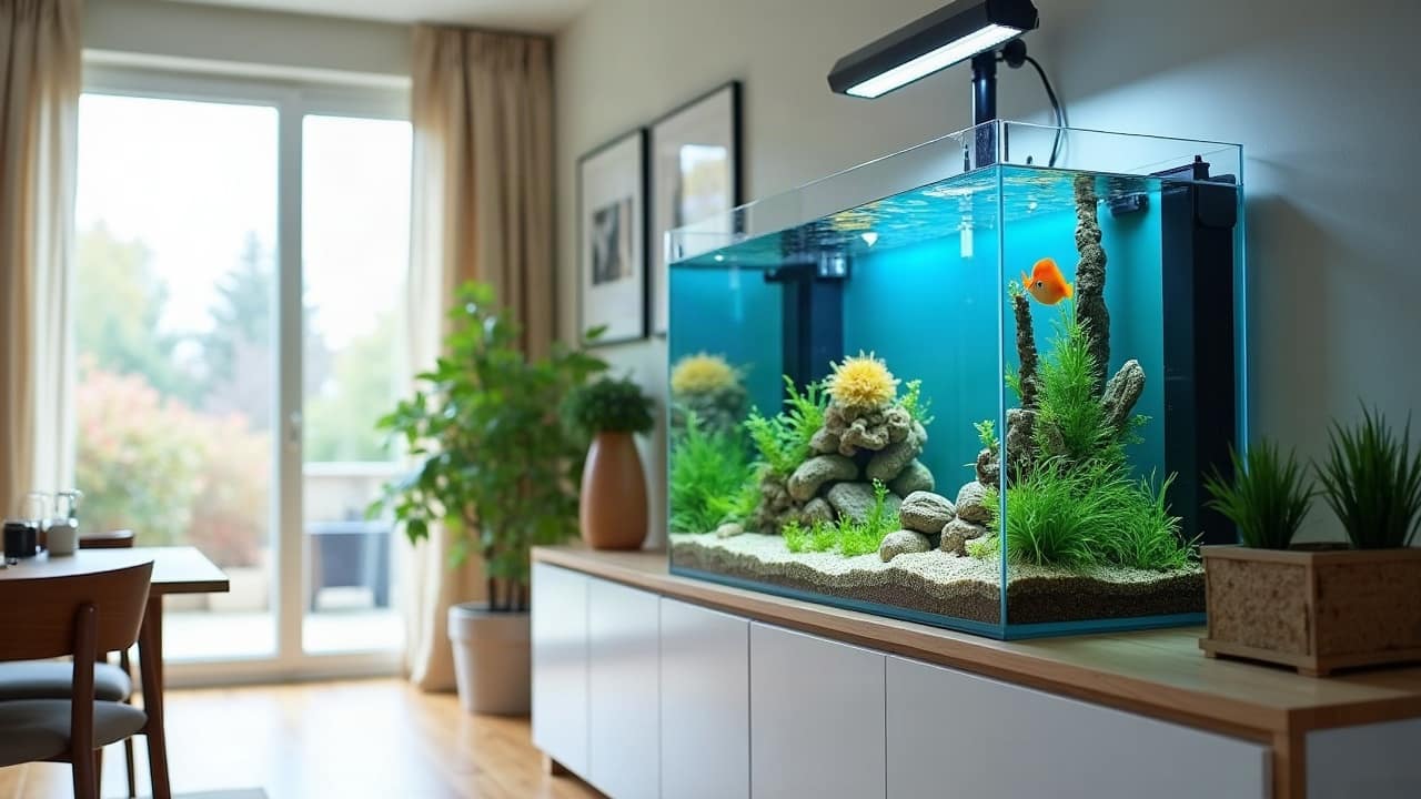 Aquarium encastré dans un mur blanc de salon, affleurant comme un tableau lumineux, plantes aquatiques vertes et petits poissons colorés dans une eau très claire