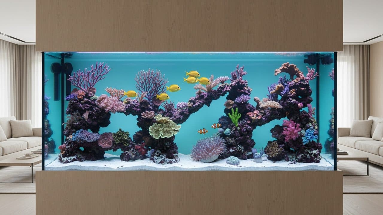 Grand aquarium récifal encastré dans un mur en chêne clair de salon : coraux variés, arches de roche vivante, poissons jaunes et deux poissons-clowns