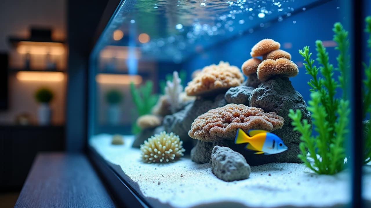 Aquarium récifal complet sur un meuble noir mat dans un appartement moderne, coraux colorés, poissons marins, éclairage LED bleu et blanc, vitres impeccables