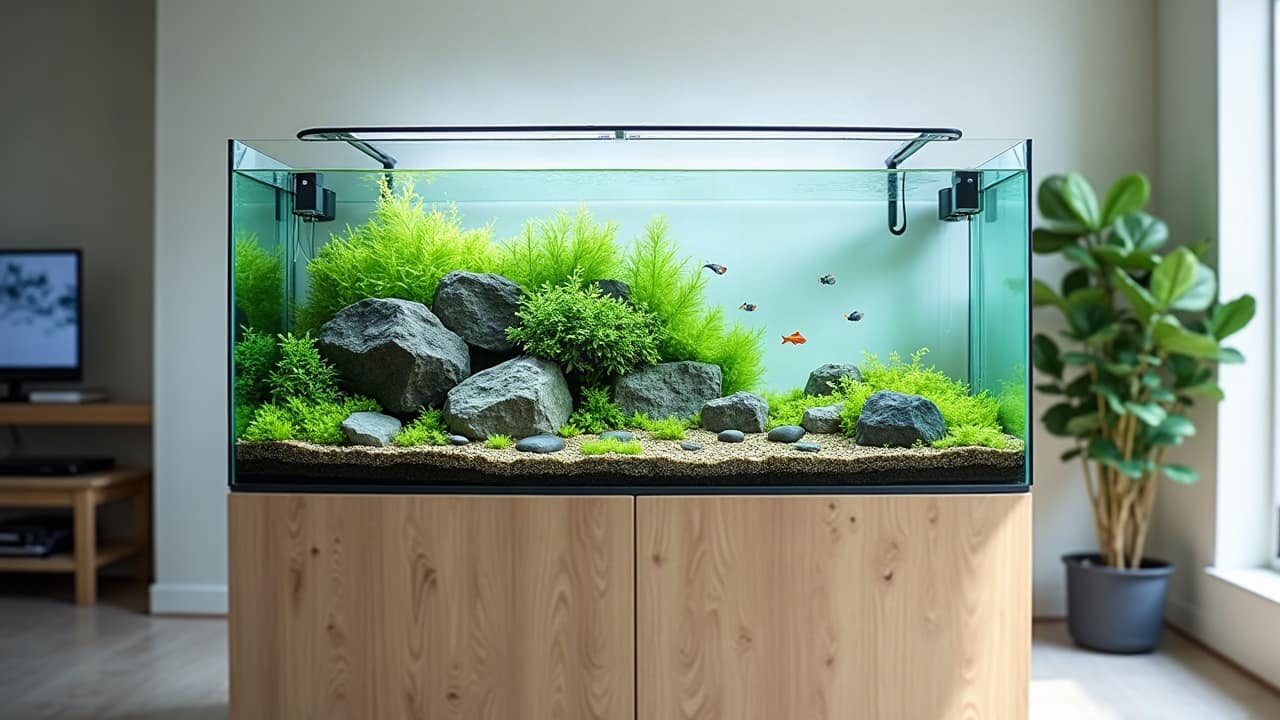 Grand aquarium planté au décor soigné, racines sculptées, roches grises en terrasses, sable clair et banc de petits poissons argentés dans une eau limpide