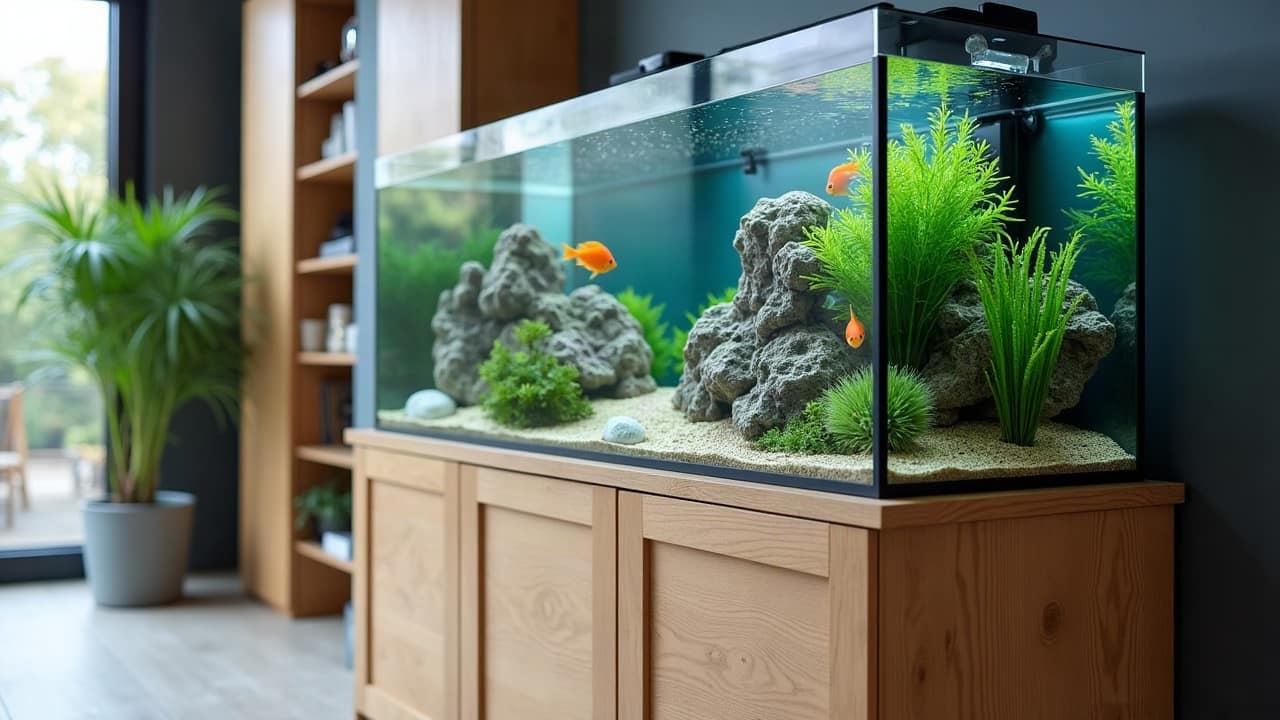 Aquarium encastré dans une cloison entre salon et bureau, encadrement en bois clair affleurant le mur, eau limpide, roches et plantes vertes, lumière douce
