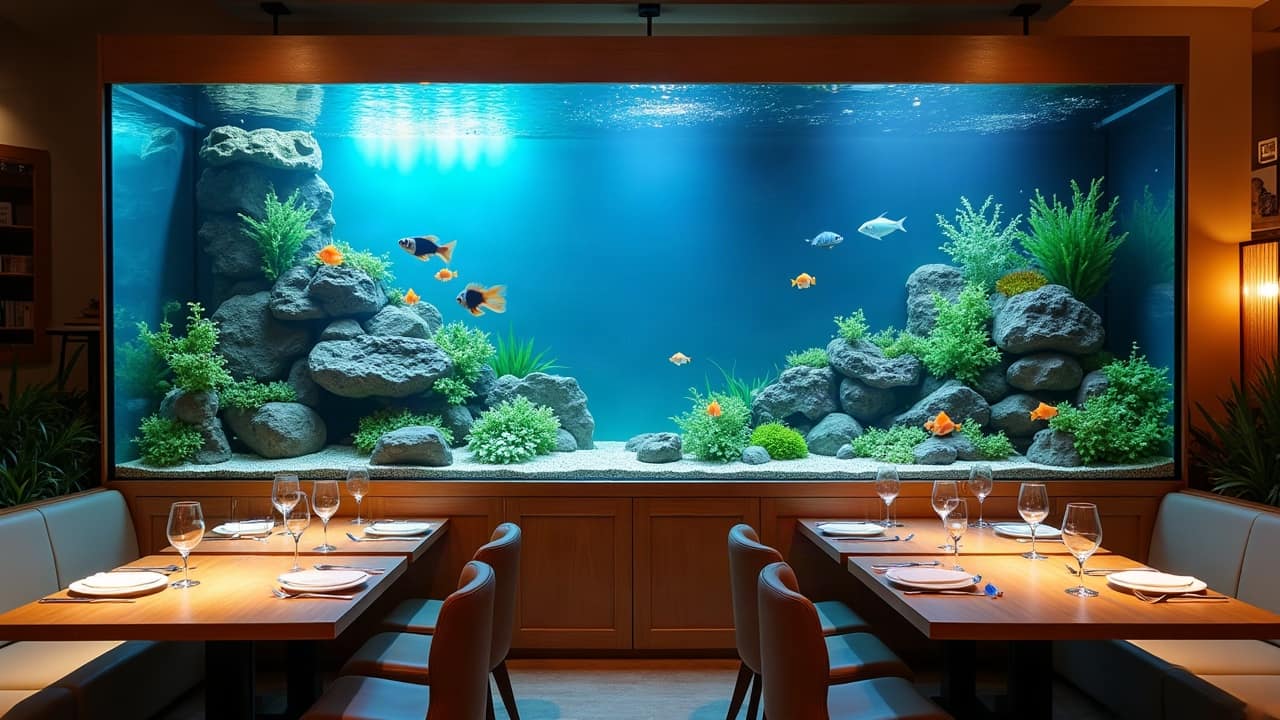 Grand aquarium d'eau douce impeccable dans un salon moderne, vitres parfaitement nettes, plantes taillées, sable propre et poissons colorés en bonne santé