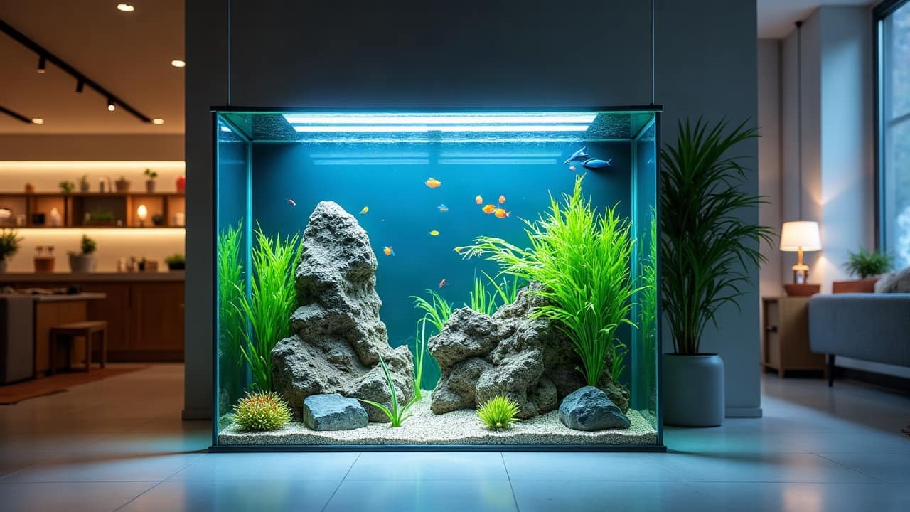 Grand aquarium d'eau douce planté dans un séjour moderne, tapis de plantes vertes, roches claires, racines et grand banc de poissons tropicaux bleus et rouges