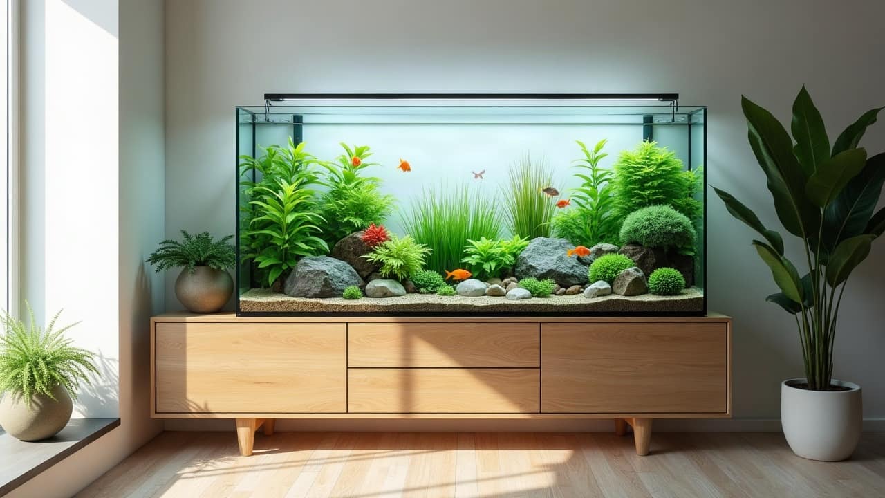 Grand aquarium planté posé sur un meuble bas en noyer dans un séjour ouvert, lumière douce du jour, eau limpide et banc de poissons rouges et bleus