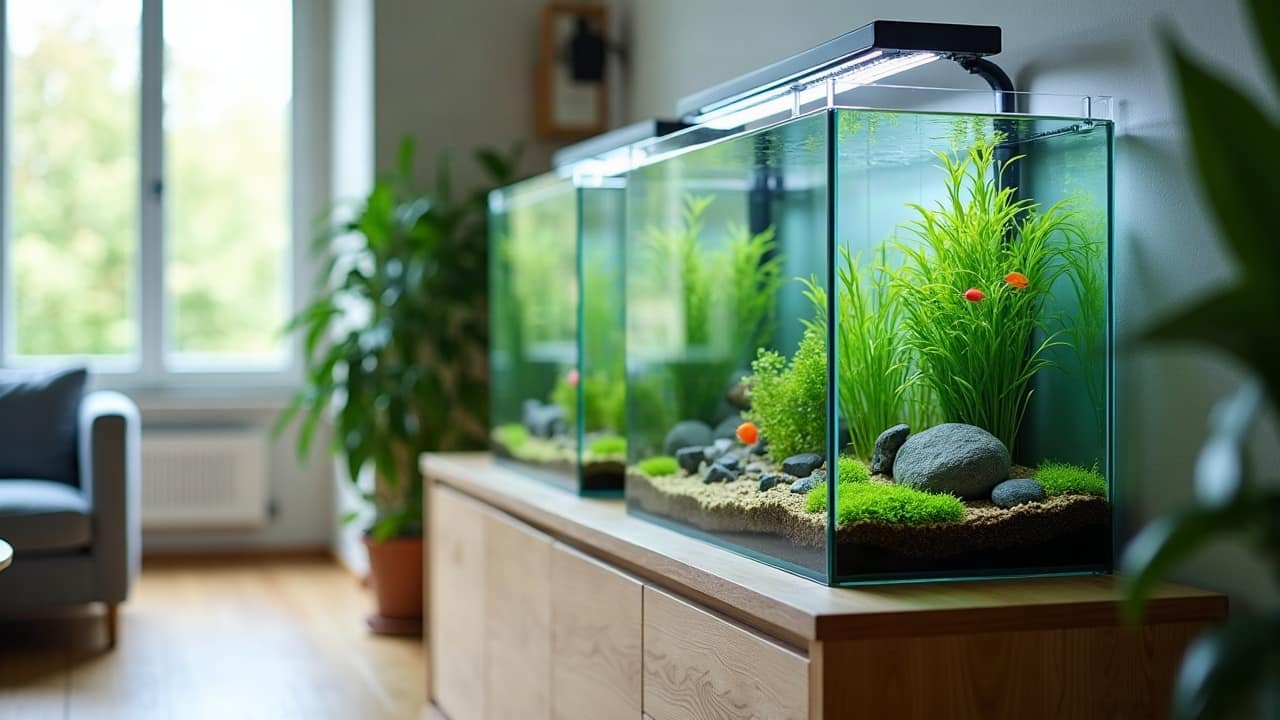 Angle d'un aquarium en verre extra-clair vu de près, joint silicone net et régulier, eau limpide, plantes vertes floues en arrière-plan, lumière douce