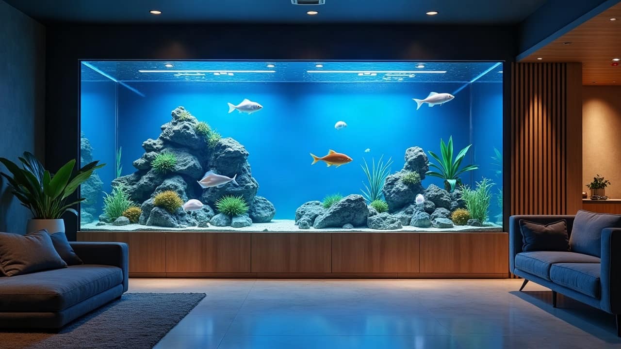 Aquarium circulaire à méduses dans un salon contemporain sombre, méduses translucides en suspension dans une eau parfaitement claire, lumière bleue douce