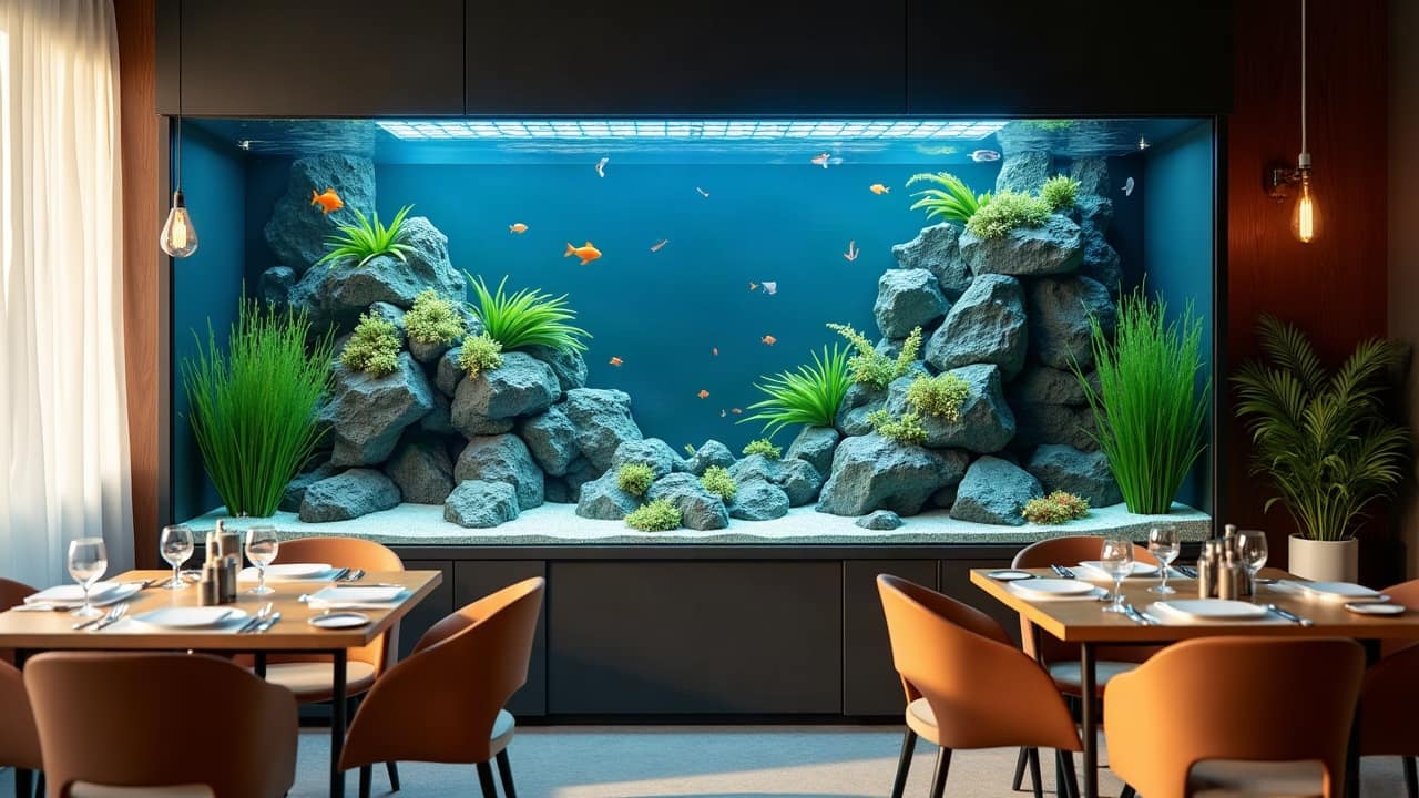Paludarium moderne en verre extra-clair, berge de roches moussues et fougères au-dessus d'une eau limpide peuplée de petits poissons, intérieur contemporain