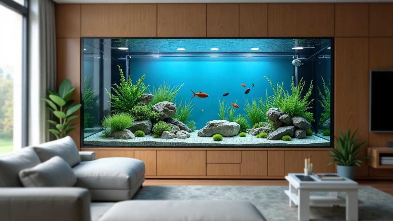 Grand aquarium d'eau douce sur mesure encastré dans un mur de salon moderne, eau limpide, plantes vertes denses et banc de petits poissons argentés