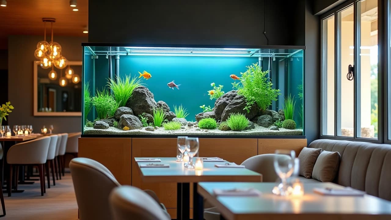 Table basse aquarium au plateau de verre extra-clair dans un salon design, plantes aquatiques vertes et petits poissons vus de dessus, bois clair et tapis beige