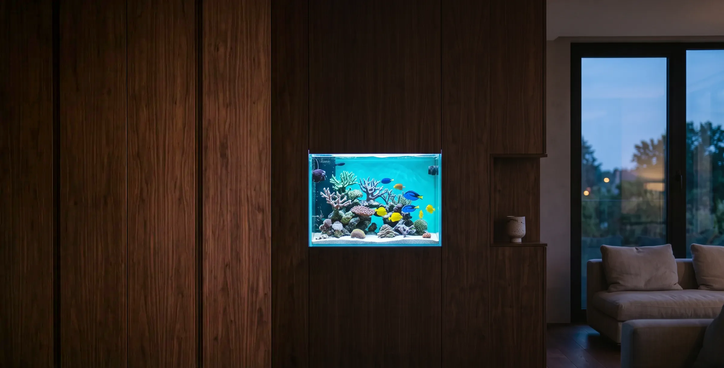 Aquarium récifal encastré dans un mur de noyer d'une maison, salon feutré et baie vitrée ouverte sur le jardin au crépuscule
