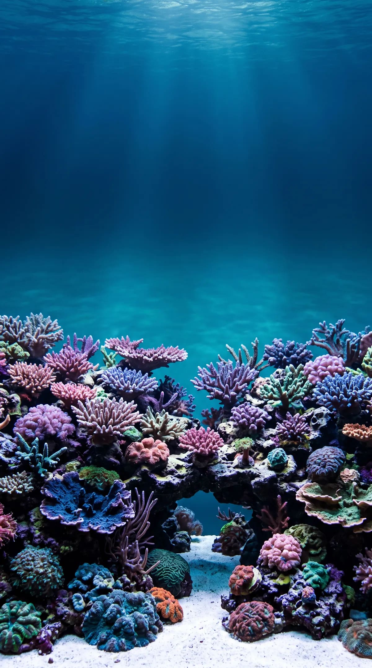 Vue de l'intérieur d'un grand aquarium récifal : eau bleue traversée par la lumière de surface, coraux roses, violets et orangés, arche de roche et sable blanc