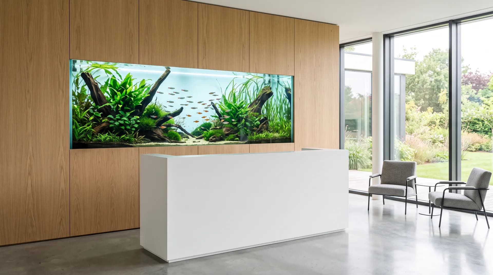 Long aquarium d'eau douce planté encastré dans le mur en chêne clair de l'accueil d'une entreprise, derrière un comptoir blanc : racines, plantes et banc de petits poissons argentés et orangés