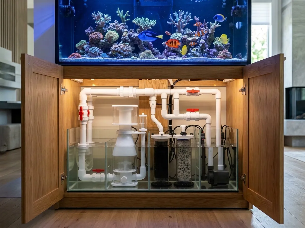 Meuble en chêne ouvert sous un aquarium récifal : bac de décantation en verre, écumeur, réacteurs de filtration, tuyaux blancs et vannes rouges