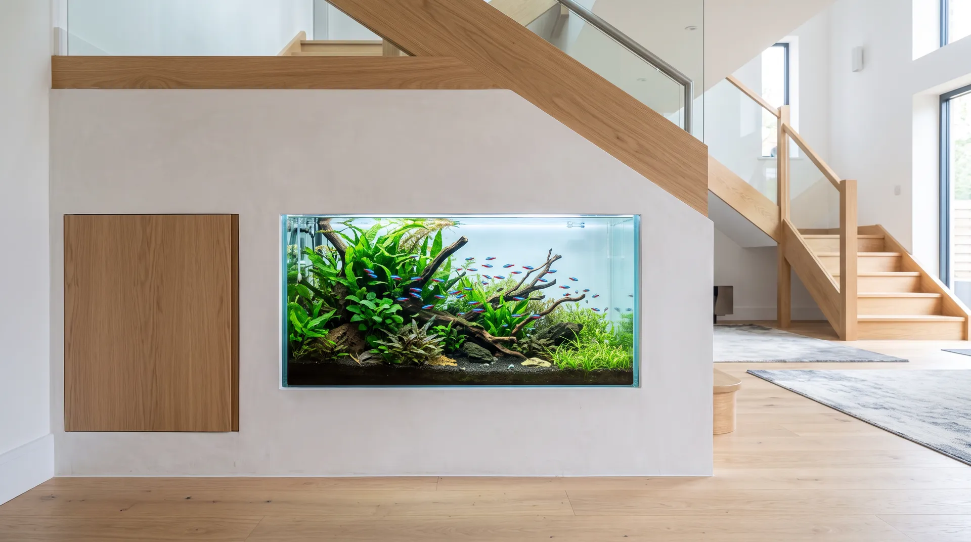 Aquarium planté encastré sous un escalier en chêne, eau limpide et petit banc de poissons