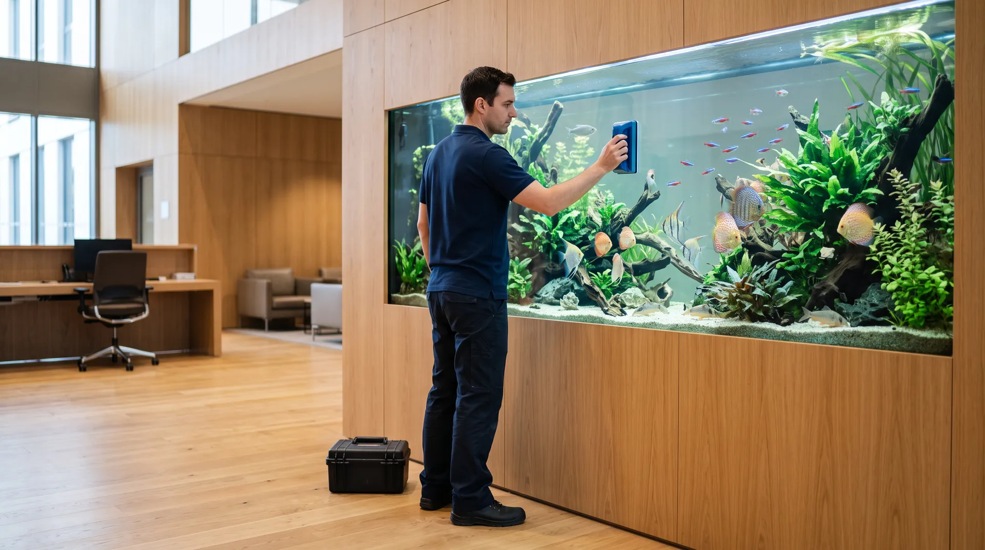 Technicien en polo marine qui nettoie la vitre d'un grand aquarium planté encastré dans le hall boisé d'un bureau, mallette de matériel posée au sol