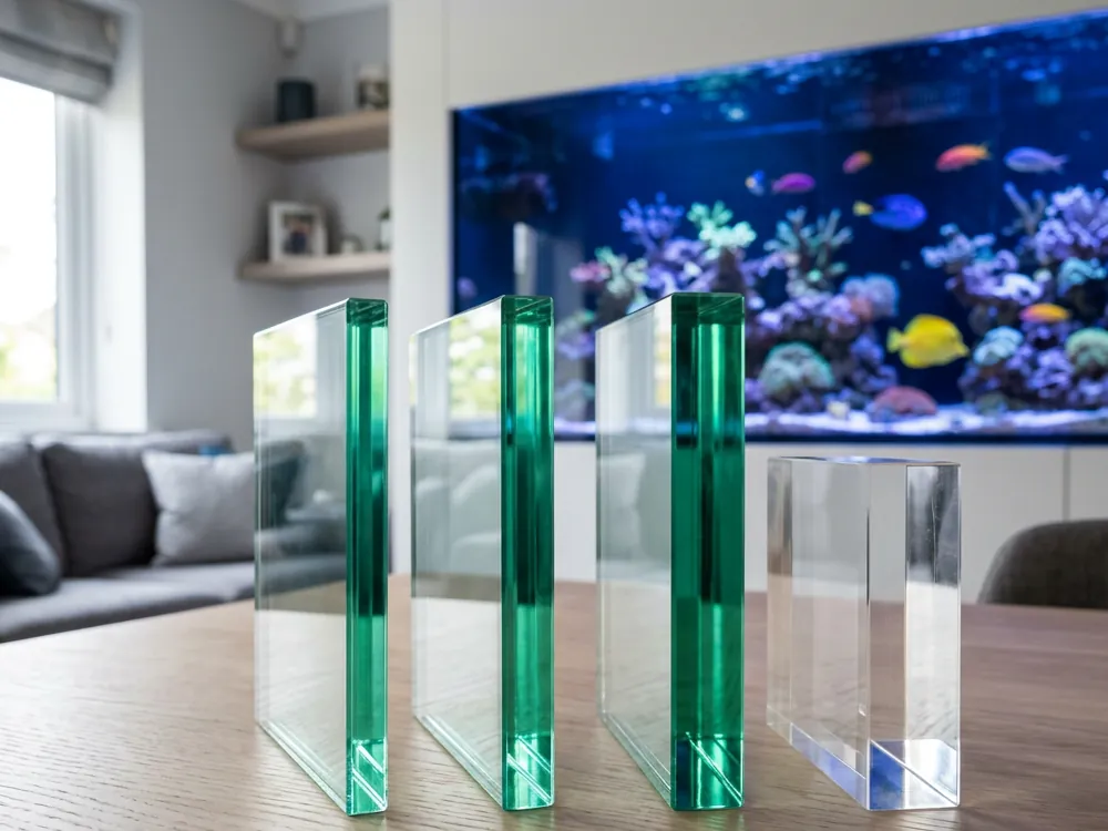 Échantillons de verre clair, de verre extra-clair et d’acrylique posés devant un aquarium récifal