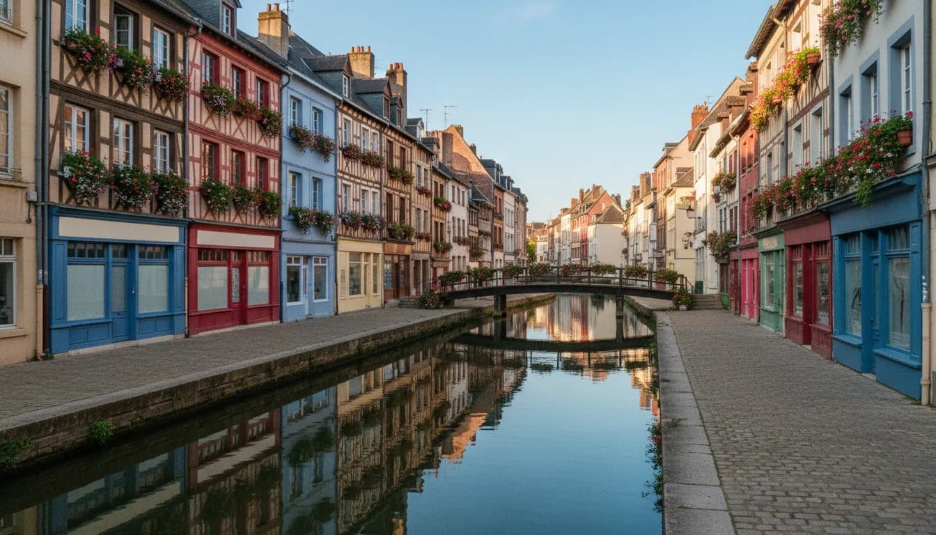 Maisons étroites colorées et fleuries le long d’un canal, petite passerelle, quartier au bord de l’eau