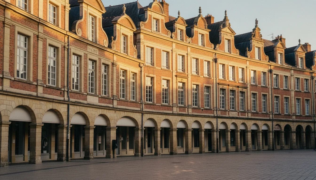 Façades baroques flamandes à pignons courbes en brique et pierre au-dessus d’arcades en plein cintre, place pavée