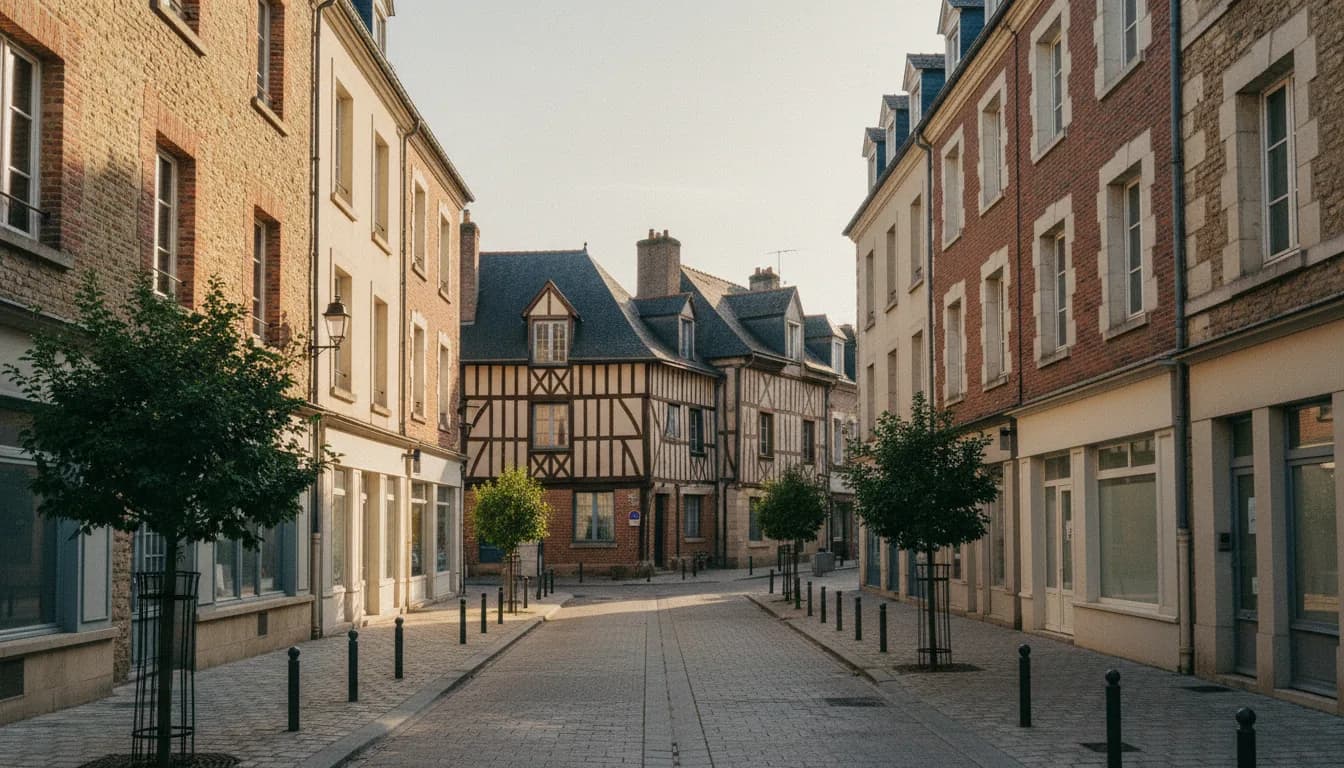 Rue du centre bordée d’immeubles en pierre et brique, maison à pans de bois au fond, jeunes arbres et bornes