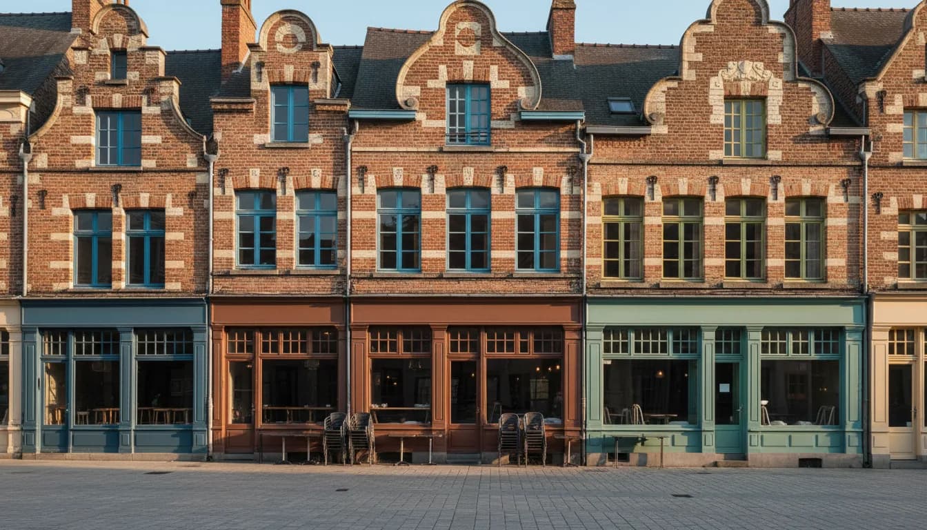 Maisons de style flamand des années 1920 à pignons courbes en brique, fenêtres bleues et devantures colorées sur une place