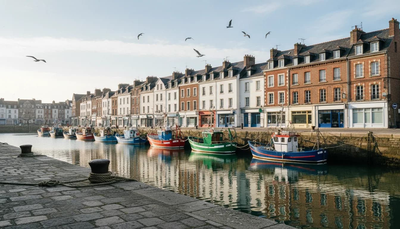 Chalutiers colorés amarrés le long d’un quai de pierre, façades en brique et crépi blanc du port de pêche