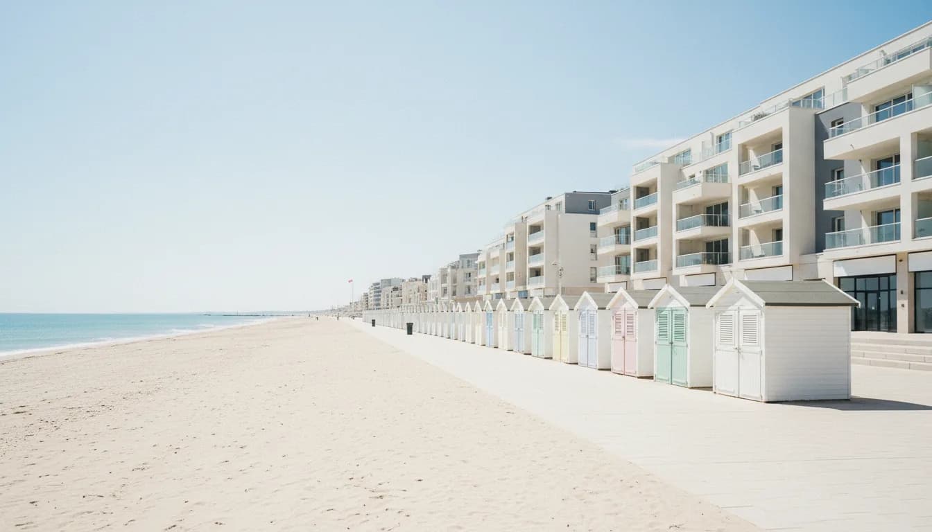 Cabines de plage blanches et pastel sur une large plage de sable, immeubles récents du front de mer