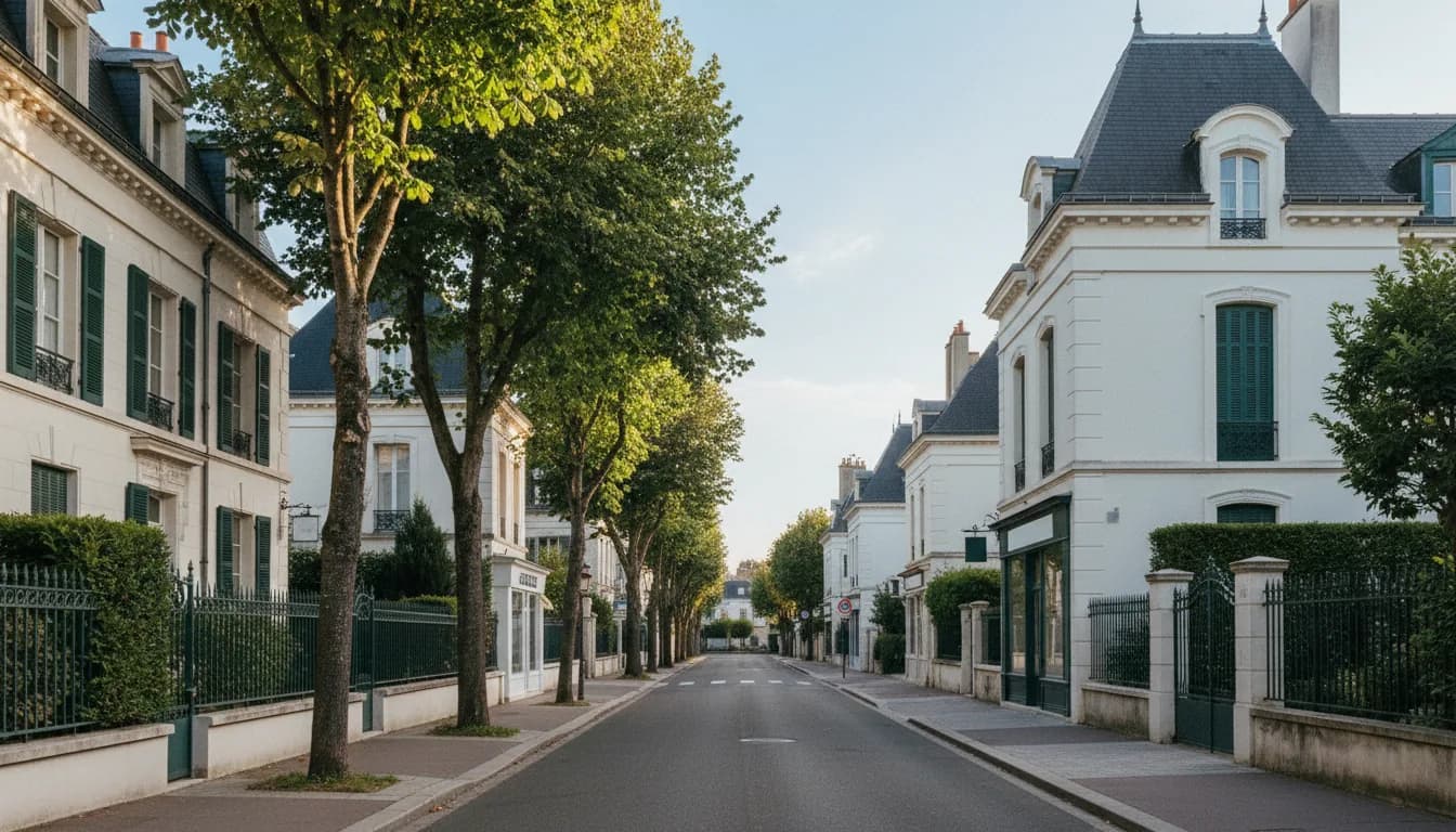 Rue calme bordée de maisons en pierre blanche à volets verts, grilles en fer forgé et marronniers
