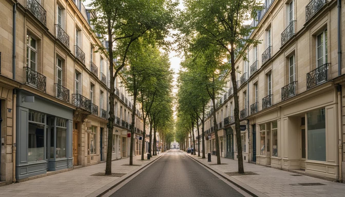 Avenue plantée de tilleuls bordée d’immeubles en pierre calcaire à balcons en fer forgé et toits mansardés
