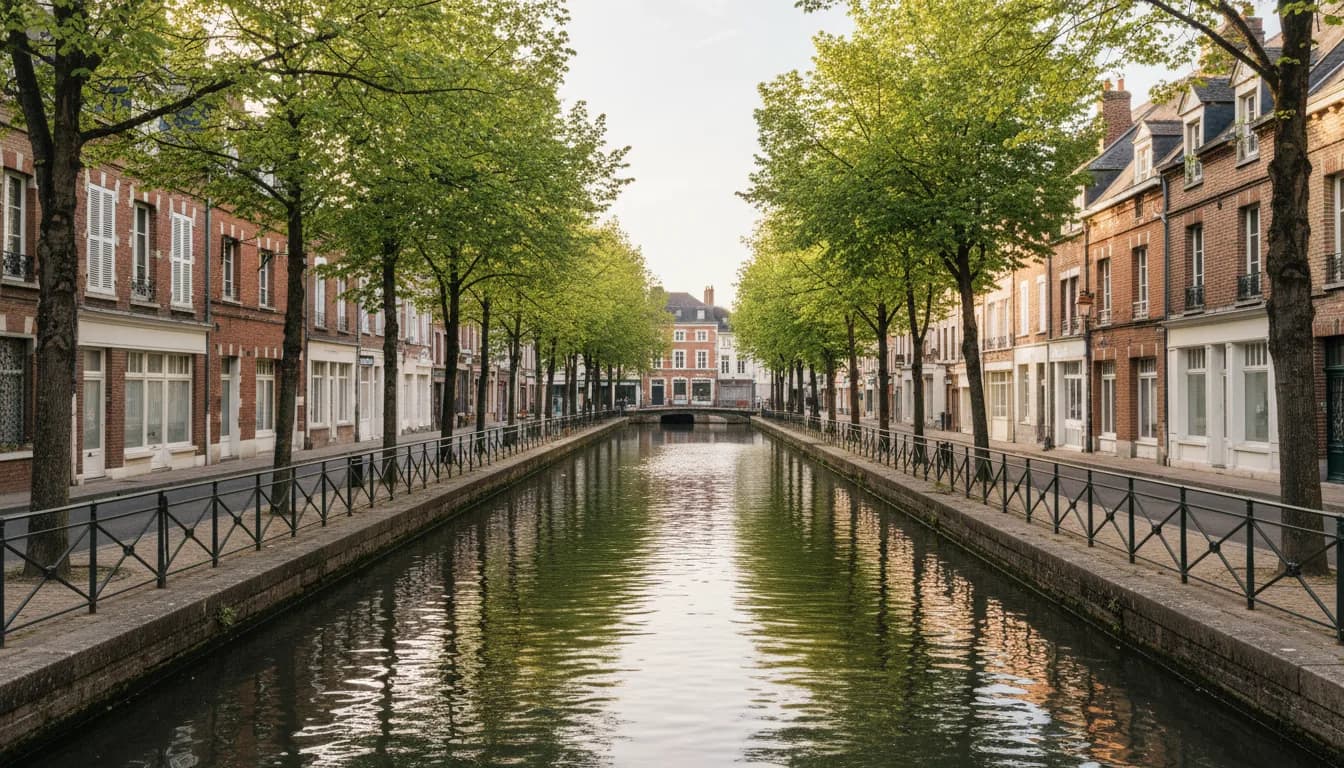 Canal bordé de maisons en brique et pierre blanche, quais à garde-corps en fer et arbres en feuilles
