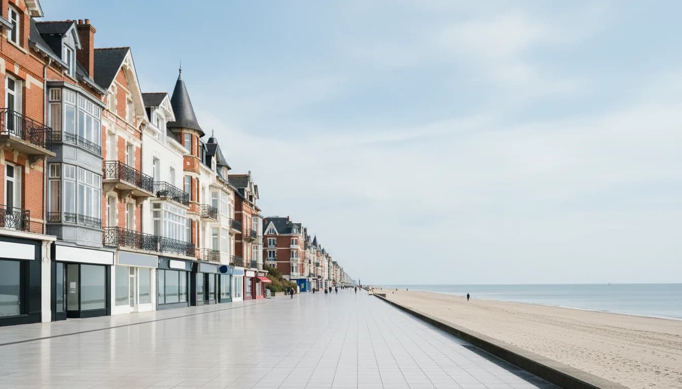 Villas balnéaires en brique et crépi blanc à bow-windows et tourelles le long de la digue, plage de sable et mer du Nord