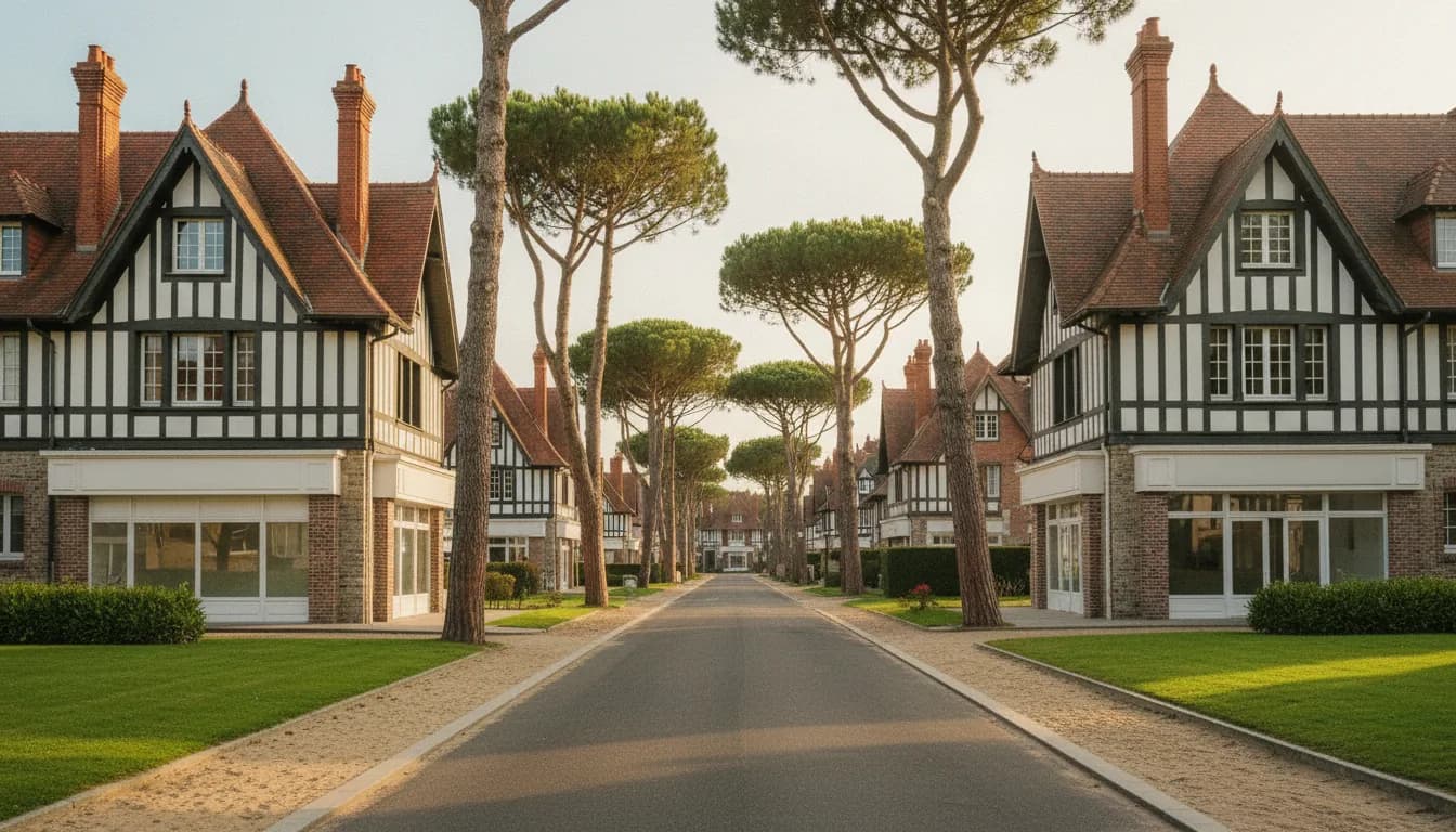 Villas anglo-normandes à colombages blancs et toits de tuiles parmi de grands pins, allée résidentielle