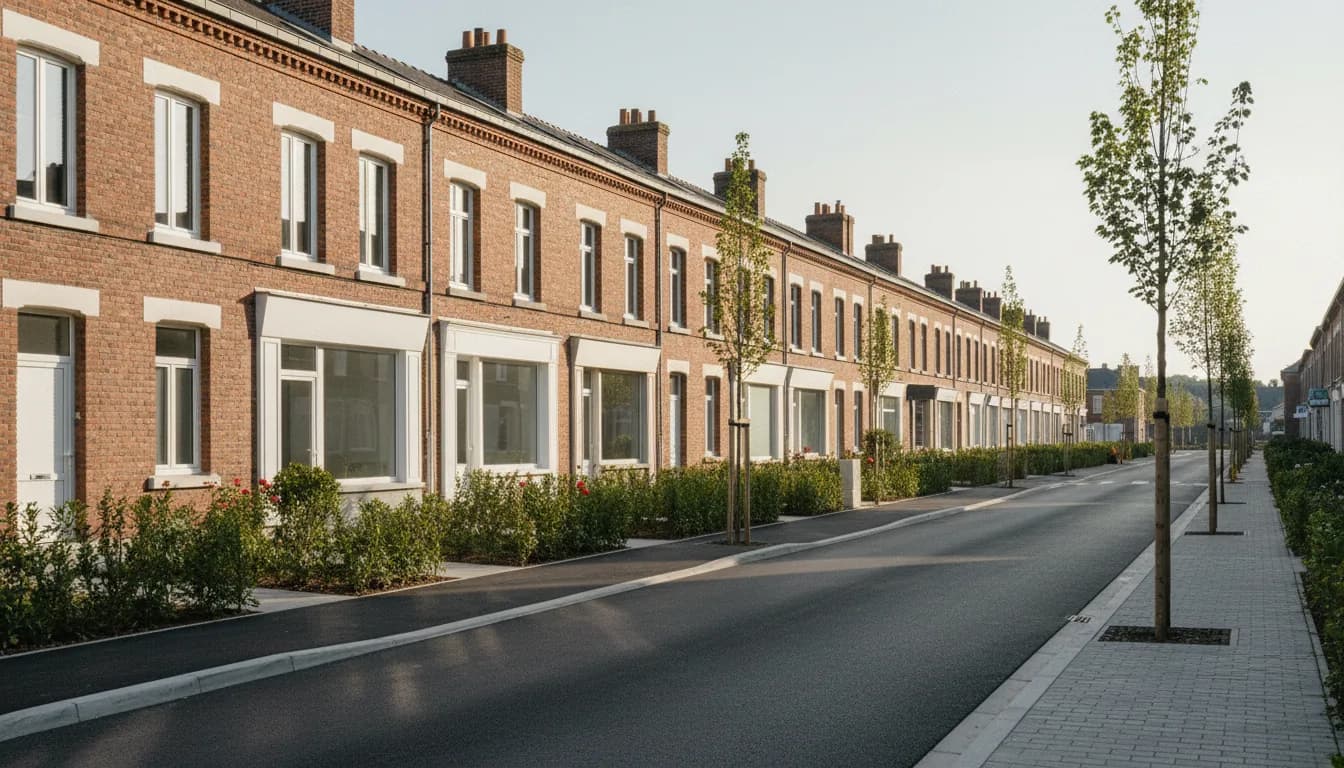 Longue rangée de maisons de mineurs rénovées en brique rouge avec jardinets, rue refaite et jeunes arbres
