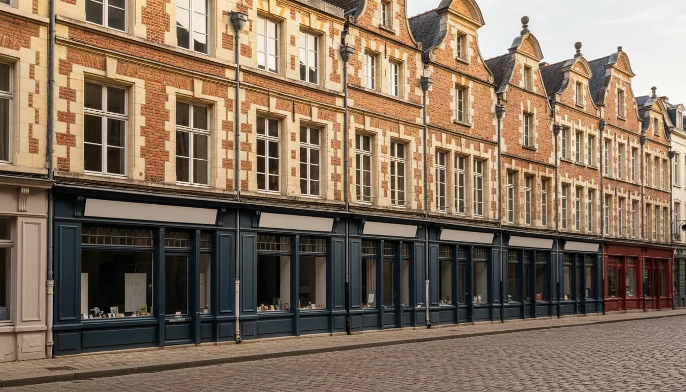 Façades flamandes en brique rouge et pierre claire au-dessus de devantures bleu nuit, rue pavée du Vieux-Lille