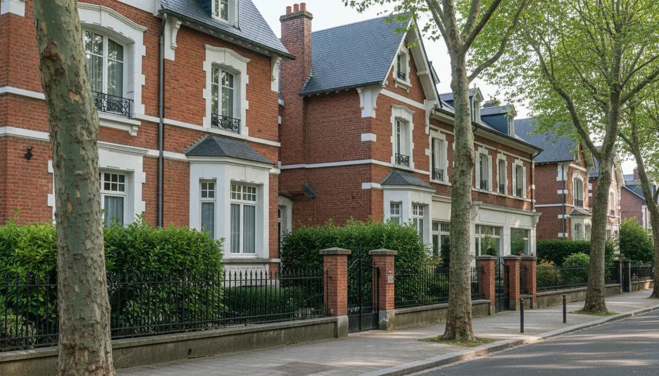 Villas en brique rouge des années 1930 aux encadrements blancs derrière des grilles et des haies, avenue plantée de platanes