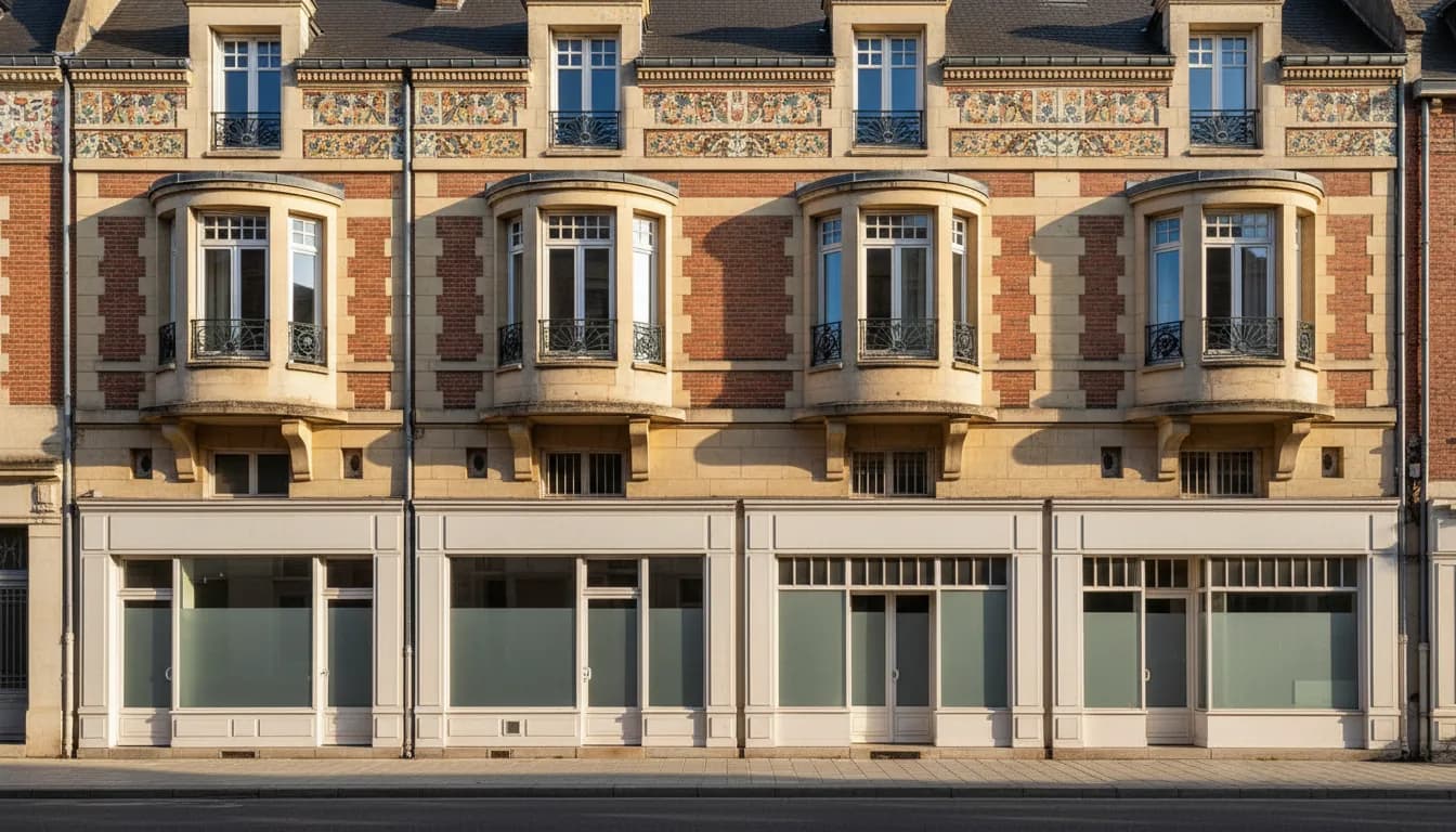 Façade Art déco en brique et pierre claire avec bow-windows, frises de mosaïque et balcons en fer forgé