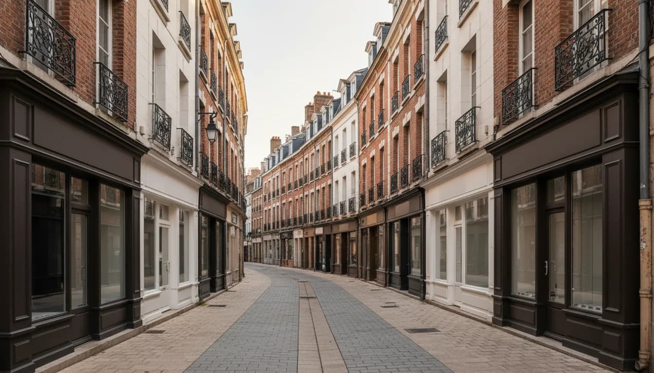 Rue piétonne bordée de maisons en brique et pierre blanche à balcons en fer forgé, devantures sombres