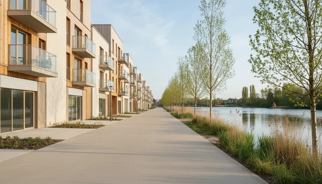 Immeubles récents en brique claire et bois à balcons vitrés le long d’un chemin au bord d’un lac bordé de roseaux
