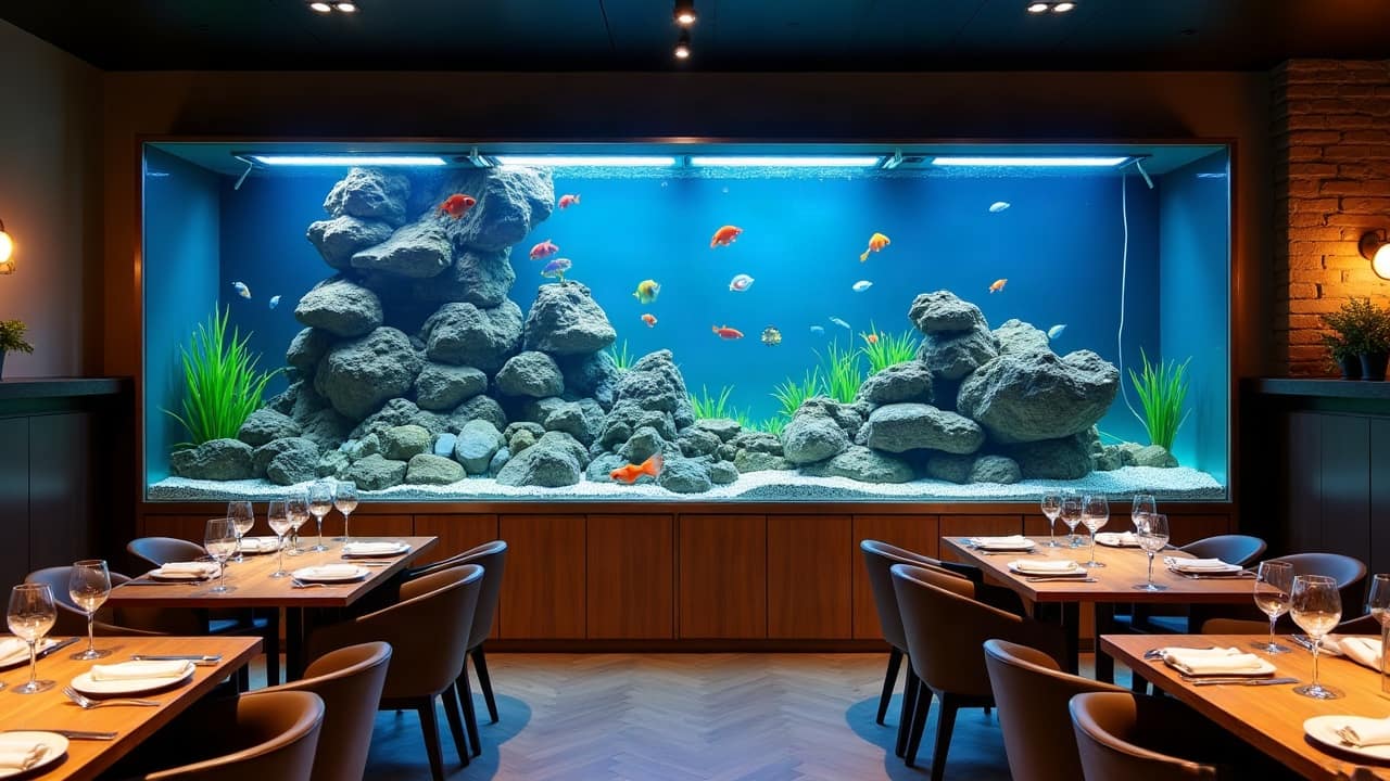 Aquarium de plusieurs mètres encastré au-dessus d'un meuble en bois dans la salle d'un restaurant, roches et poissons colorés
