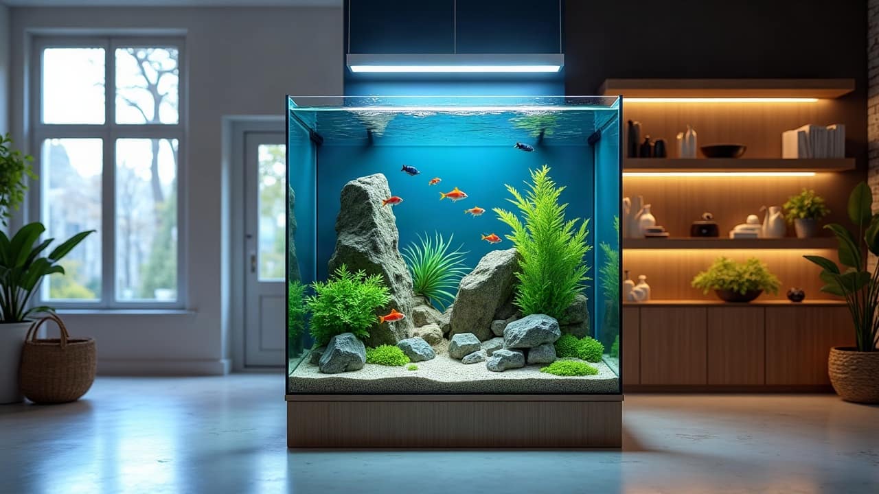 Aquarium cubique planté posé sur un socle en bois devant des étagères éclairées, dans une pièce contemporaine