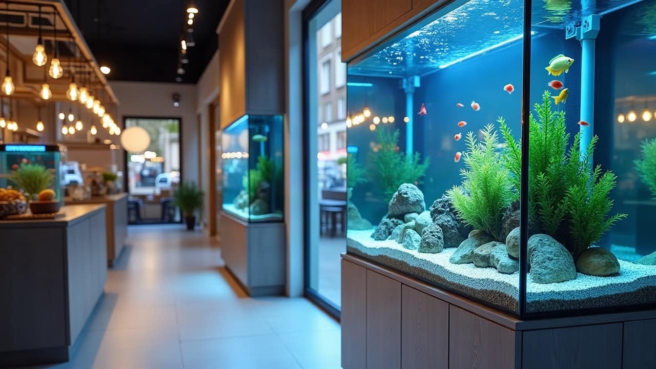 Aquariums d'eau douce plantés alignés le long d'une allée vitrée de commerce, vitres nettes