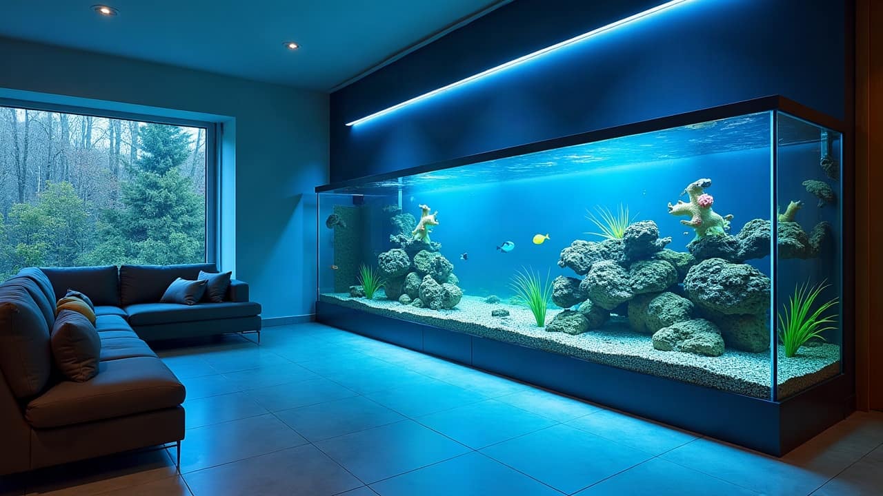 Grand bac d'eau de mer éclairé en bleu le long d'un salon sombre : roches vivantes, coraux et quelques poissons de récif
