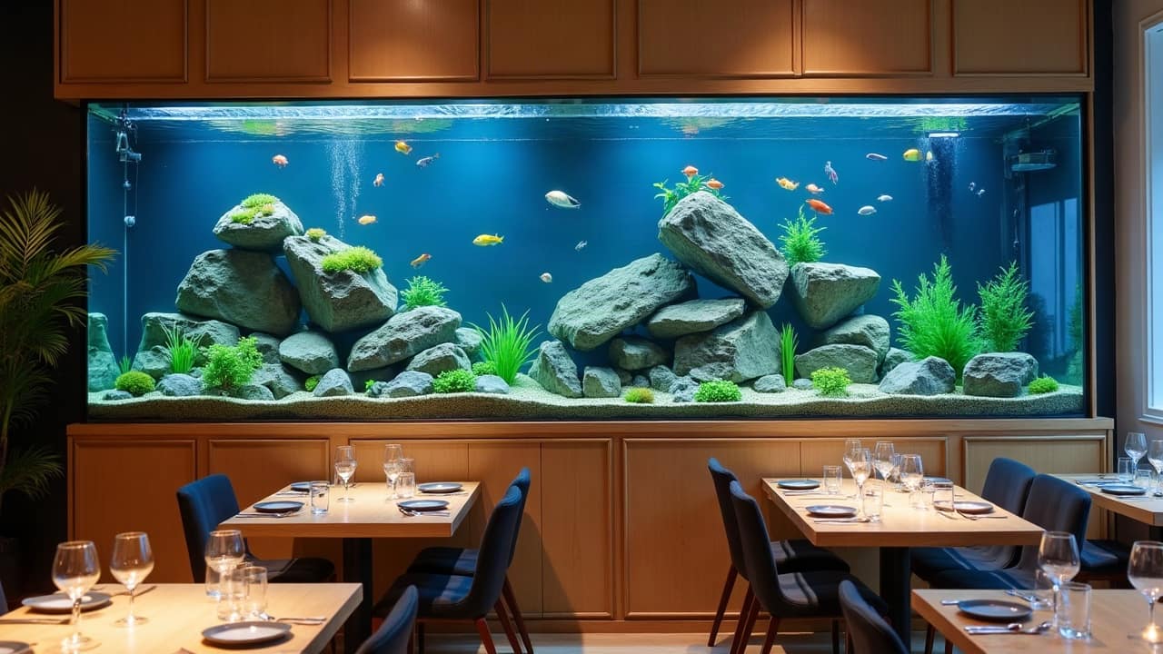 Aquarium de restaurant encastré dans un mur en bois, plantes et roches, tables dressées au premier plan