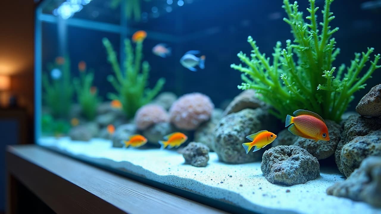 Poissons orange et coraux vus de près à travers la vitre d'un bac récifal éclairé en bleu